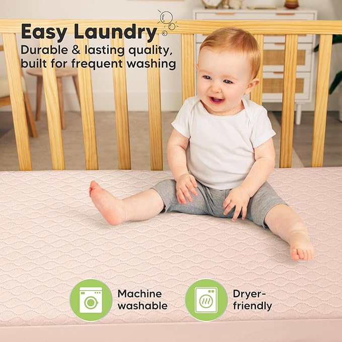 2-Pack Waterproof Crib Mattress Protector Cover Fitted - Quiet Baby Crib Mattress Pad Sheets, 52" x 28" Soft Quilted Cotton Baby Sheet, Machine Washable, Easy Fit, Durable (Mist Rose/Mavy)