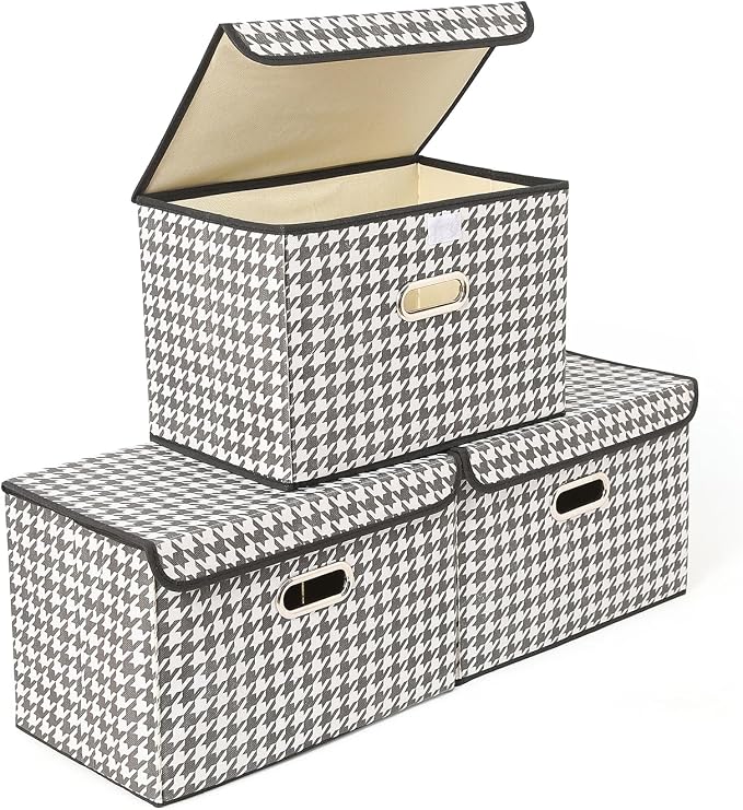 STOREONE Fabric Storage Cube Bins Foldable Organizer Container Collapsible Basket with Lids and Metal Handles, for Home, Bedroom, Closet 3 Pcs (Houndstooth) by STOREONE