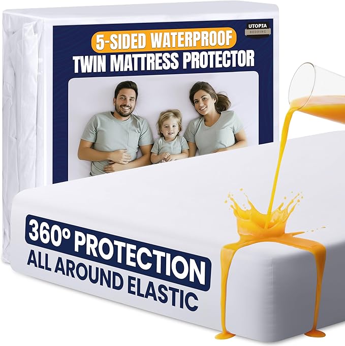 Utopia Bedding Waterproof 5-Sided Mattress Protector Twin Size, Premium Breathable Mattress Cover, Fitted Style with Stretchable Pockets (White)