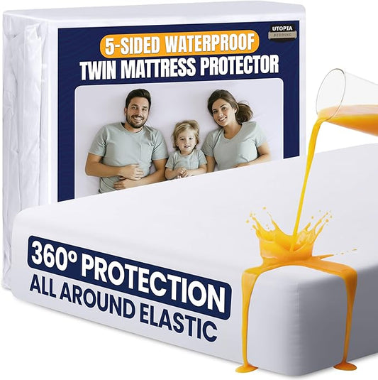 Utopia Bedding Waterproof 5-Sided Mattress Protector Twin Size, Premium Breathable Mattress Cover, Fitted Style with Stretchable Pockets (White)