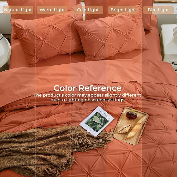 Sasttie Full Size Comforter Set, 7-Piece Bed in a Bag, Pintuck Bedding Set for All Season, Includes Comforter, Flat Sheet, Fitted Sheet, Pillowcases and Pillowshams, Burnt Orange