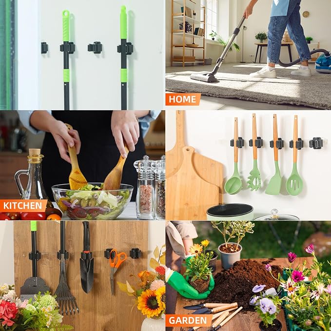 12 PCS Broom Holder Wall Mount, Upgraded Heavy Duty Mop and Broom Holder Wall Mount, Stainless Steel Broom Hanger Mop Holder Rack for Kitchen Laundry Garden Tool Organizer - Image 6