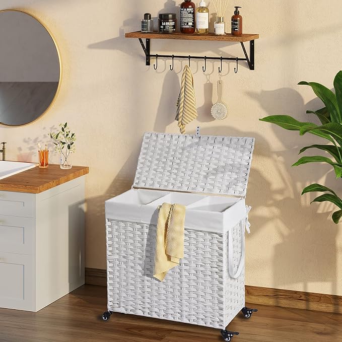 Greenstell Laundry Hamper with Wheels&Lid,130L Large 3 Sections Clothes Hamper with 2 Types Removable Liner Bags, 5 Mesh Laundry Bags, Handwoven Divided Laundry Basket White - Image 2