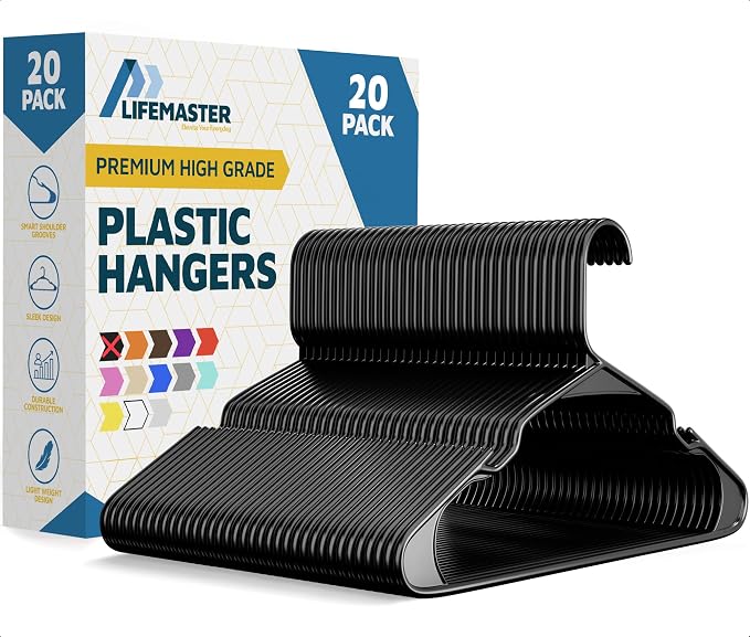 Lifemaster Plastic Clothes Hangers – Heavy Duty Hanger Set, for Organizing Clothes, Dresses, and Coat, Holds Up to 5 lbs, Space-Saving Hangers with Non-Slip Shoulder Grooves, Pack of 20, Black by LIFEMASTER