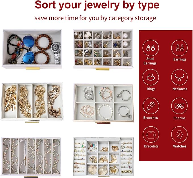 BOOVO Jewelry Boxes for Women, White and Black 6 Layer Large Jewelry Box for Necklace, Bracelet, Earrings, Rings Storage, Jewelry holder Organizer for Girls Gift (Gold, 6 layer) - Image 3