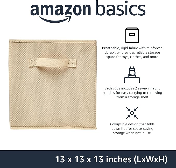Amazon Basics Collapsible Fabric Storage Cube Bins Organizer with Handles for Organization and Organizing Solution, 13"x13"x13", Beige, 6-Pack - Image 2