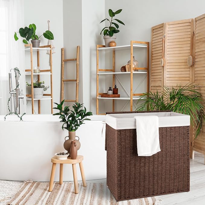 OIAHOMY Laundry Hamper with Lid, 110L(29.1 Gal) Large Wicker Laundry Basket for Bedroom, Handwoven Paper Rope Clothes Hamper with Washable Liner & Metal Frame, Decorative organizer for Bathroom Brown - Image 7