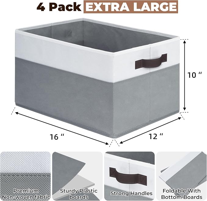 Criusia Extra Large Storage Bins 4 Pack - 16x12in Closet Organizers and Storage Baskets for Organizing Clothes Toy Blanket - Fabric Storage Cubes Containers for Shelves - All Room Organization - Image 2