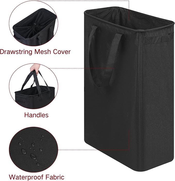 efluky Slim Laundry Basket, Narrow Laundry Hamper with Handles, Collapsible Dirty Clothes Hamper, Tall Laundry Bin for Laundry Room, Dorm and Bedroom, 12.7 Gallons(48L) Black - Image 3