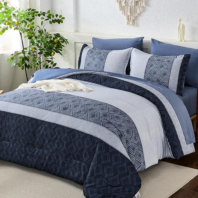 Dinjoy Boho Queen Comforter Set Mineral Blue,7 Piece Bed in a Bag Queen Size Warm Striped Fall Bedding Sets with Plaid Comforters with Sheets for Family All Season