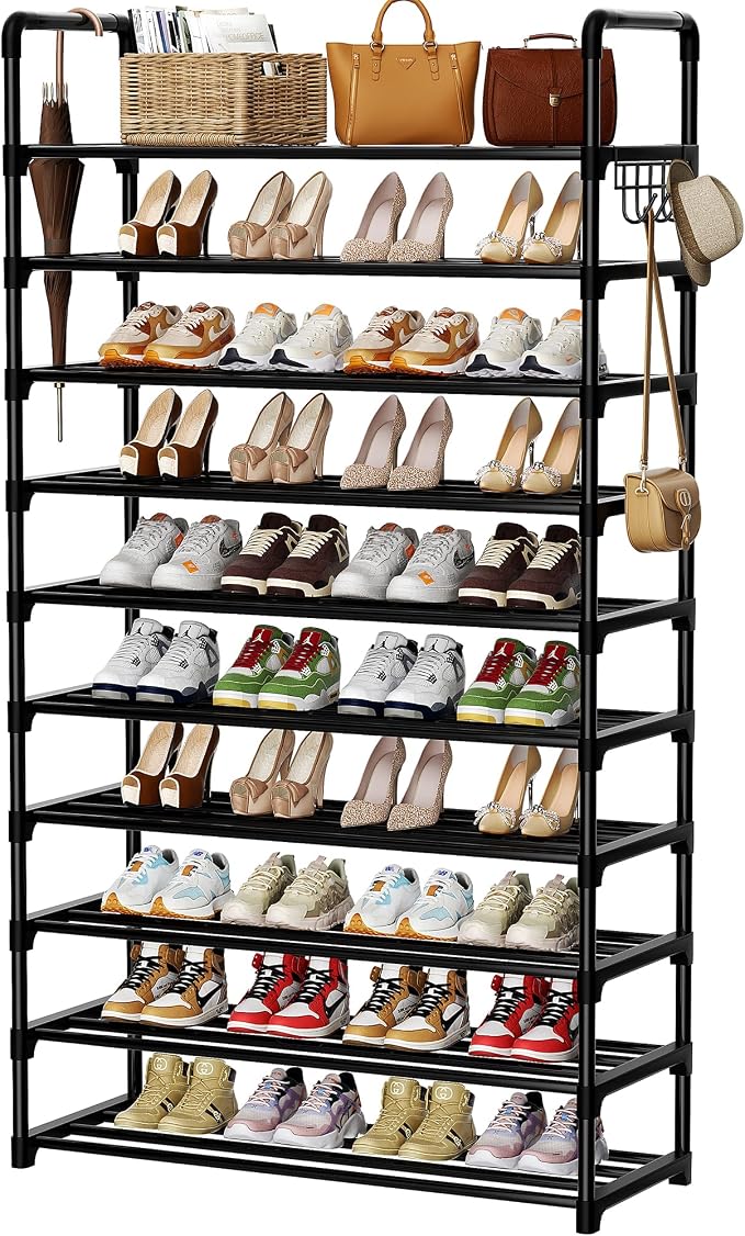 Shoe Rack, 10 Tier Shoe Storage Organizer with Hooks,Fit 40-45 Pairs Shoes,Metal Tall Shoe Shelf for Closet,Entryway, Hallway,Garage,Bedroom,Cloakroom by Unknown