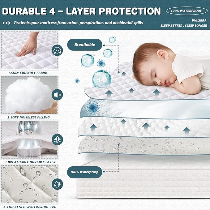 UNILIBRA Twin Mattress Cover Waterproof, Deep Pocket Mattress Pad Protector Fits to 6''-19'', Breathable Hollow Cotton Filling Quilted Mattress Protector for Twin Size