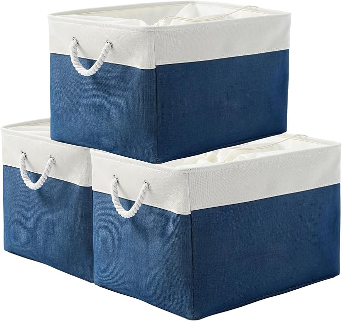 TheWarmHome Organization and Storage Basket for Shelves - Jumbo 3 Pack 20x16x14 inch Collapsible Storage Bins for Organizing, Canves Storage Cubes for Gift Organizer Toys Closet (White & Jean Blue) by TheWarmHome