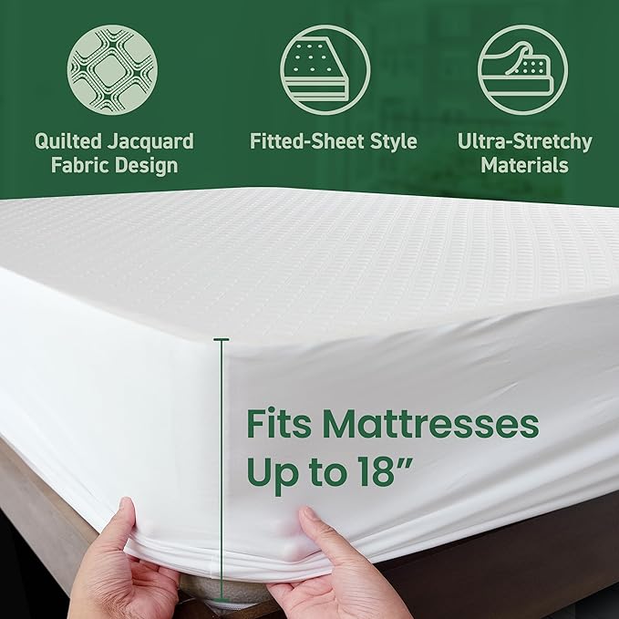 SafeRest Waterproof Queen Size Mattress Protector - Viscose Derived from Bamboo - Fitted with Stretchable Pockets - Machine Washable Viscose Blend Mattress Cover for Bed