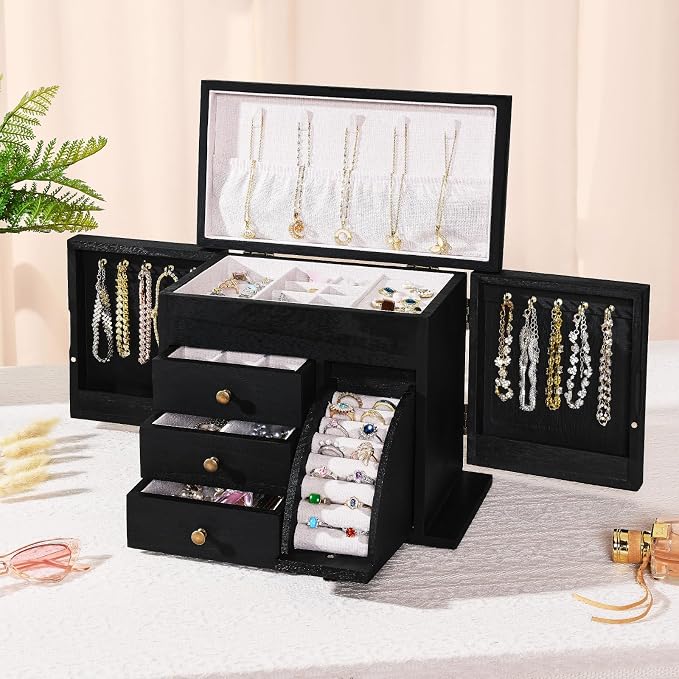 Poyilooo Jewelry Box Organizer, Solid Wood Jewelry Boxes for Women, Double Layer Jewelry Organizer Box Display Earring Necklace Bracelet Ring, Rustic Style Small Jewelry Box for Girls (Black) - Image 6