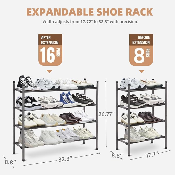 STORAGE MANIAC Expandable Shoe Rack, 16 Pairs Stackable Small Shoe Rack, Metal Adjustable Shoes Organizer for Closet, Entryway, Hallway, Garage, Front Door, Shoes Shelves, Black 4 Tier - Image 3