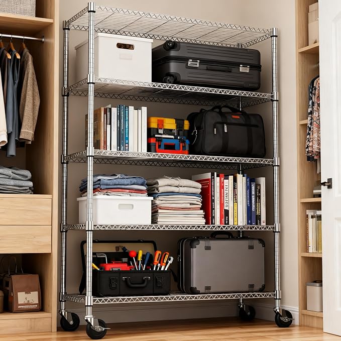 M MZG 1750LBS 47.2" W 5 Tiers Storage Shelves Metal Shelving Unit with Wheels Heavy Duty Garage Shelving Adjustable Wire Shelves for Pantry,Kitchen,Garage,Basement,Chrome 17.7" D x 47.2" W x 76.8" H - Image 7
