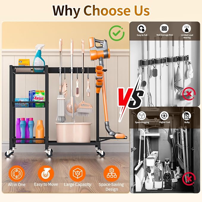 Broom Holder with Cleaning Supplies Organizer Load 350 LBS Cleaning Cart with Wheels Broom Closet Storage with 3-Tier Shelves, 6 Mop Hanger Grippers, 3 Double-Hooks, Vacuum Stand for Laundry Garage - Image 6