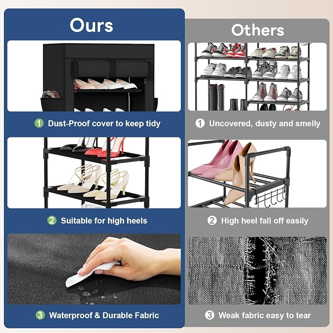 Mavivegue Shoe Rack with Cover, 10 Tier Tall Shoe Organizer for 18-22 Pairs of Shoes, Shoe Organizer with 4 Side Pockets, Shoe Cabinet for Entryway, Closet - Image 7