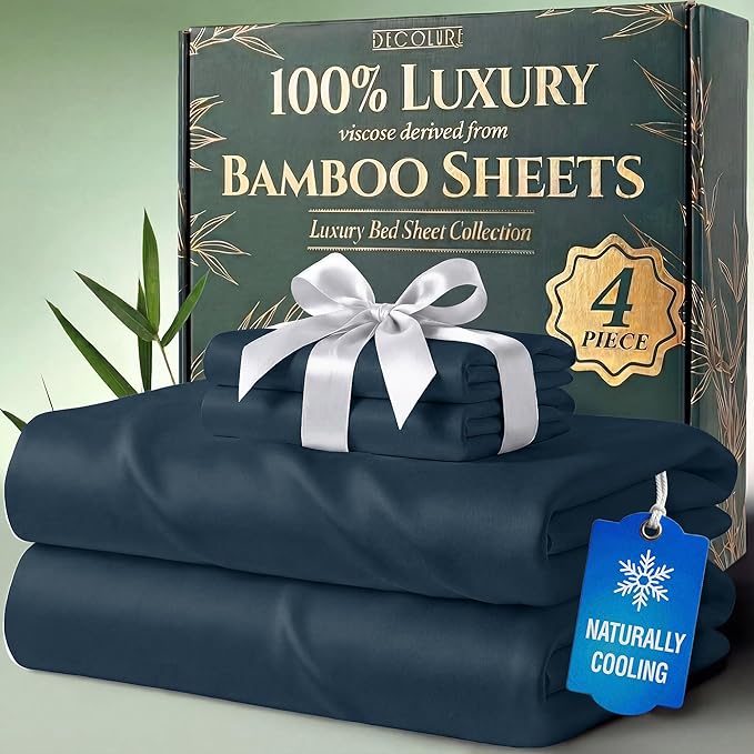 DECOLURE 100% Viscose Derived from Bamboo Sheets Twin Size - Luxury 4 Pc Naturally Cooling Sheets, Ultra Soft Bed Set - Deep 17" Pockets, Durable Double Stitching, Oeko Tex Standard (Navy Blue)