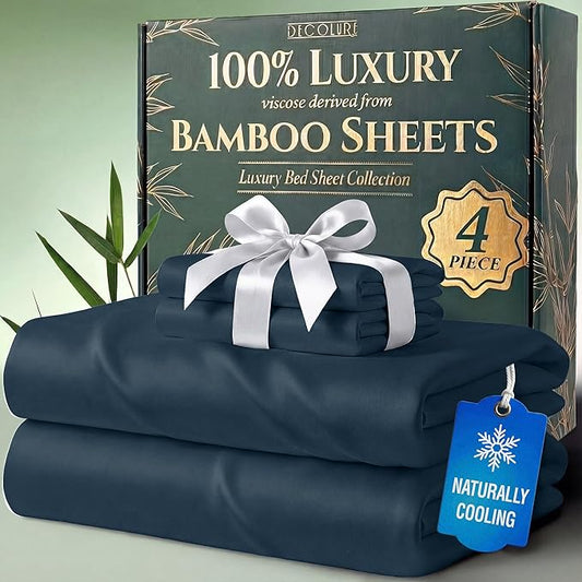 DECOLURE 100% Viscose Derived from Bamboo Sheets Twin Size - Luxury 4 Pc Naturally Cooling Sheets, Ultra Soft Bed Set - Deep 17" Pockets, Durable Double Stitching, Oeko Tex Standard (Navy Blue)