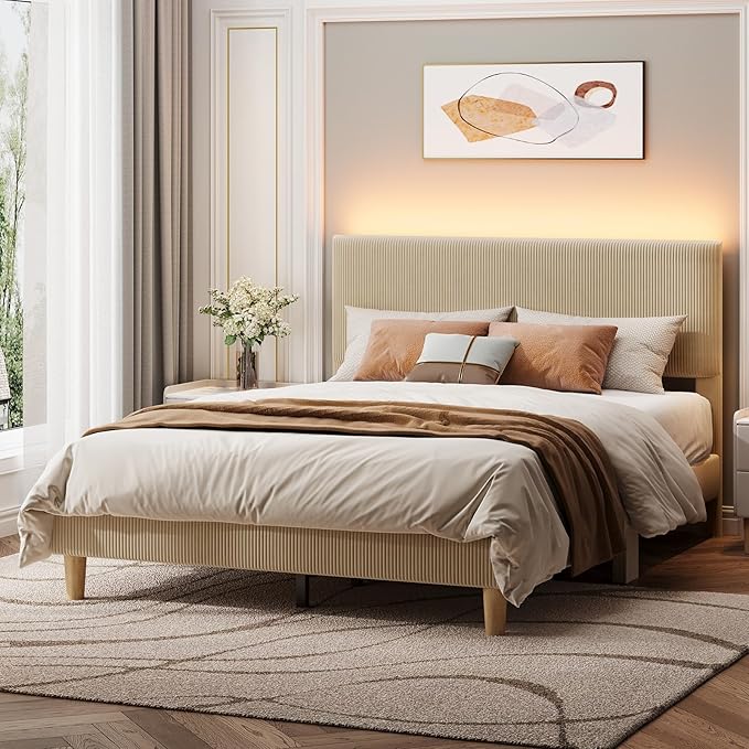 Bestier Queen Bed Frame with Adjustable Headboard, LED Lighting, Vertical Channel Tufted Corduroy Upholstered, Solid Wooden Slats Support, No Box Spring Needed, Never Squeaks, Easy Assembly, Taupe
