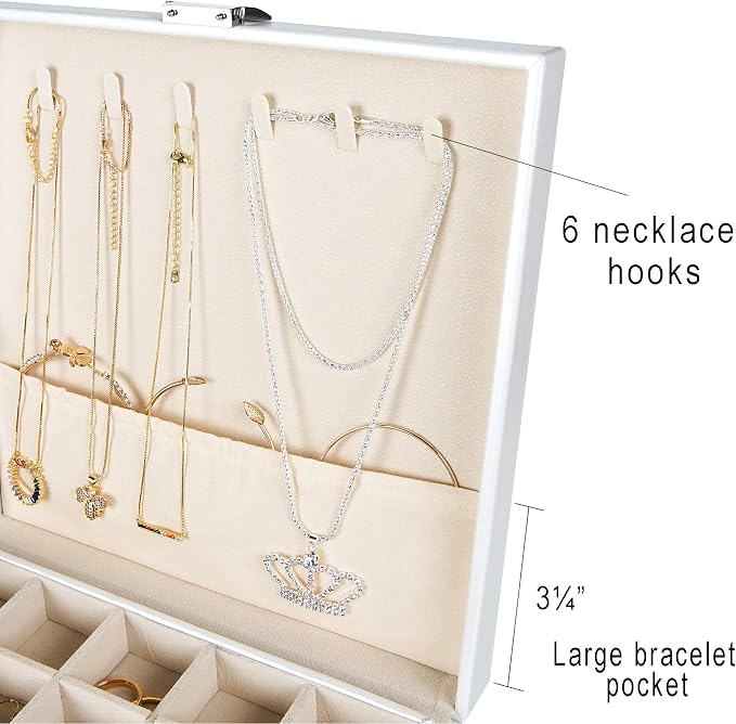 Frebeauty Earring Organizer Classic Jewelry Box 50 Slots Double Layer Jewelry Storage Case with 6 Necklace Hook and Bracelet Pocket(Pearl White) - Image 3
