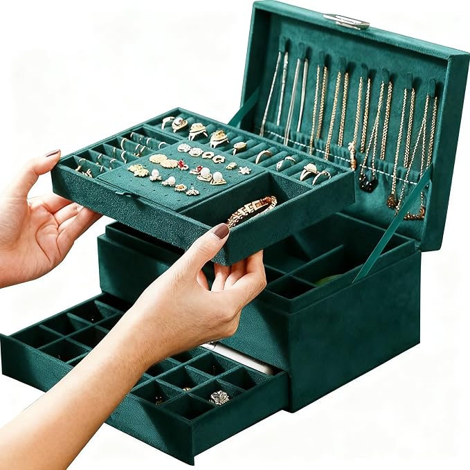 Jewelry Organizer Box for Women Girls, Jewelry Box 3-Tier Jewelry Display Case and Organizer,Lockable Jewelry Display Case Anti Tarnish,Varying Compartments for Necklaces, Bracelets, Rings by Unknown