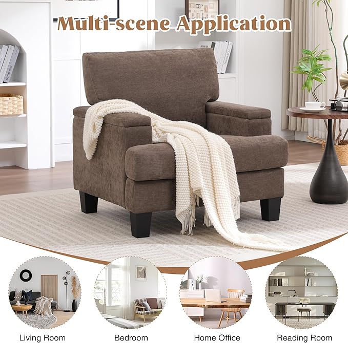 Oversized Accent Chair Set of 2 with Storage Armrest, Modern Upholstered Reading Living Room Chairs, Comfy Large Armchair, Fabric Single Sofa Chair for Bedroom (Dark Brown)