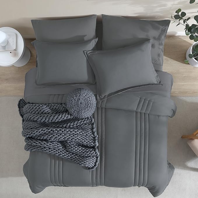 Monbix Twin XL Size Comforter Set - Extra Long 5 Pieces Dorm Bedding Sets, Quilting Design Fluffy Bed in a Bag Twin XL with Sheets, Pillowcase & Sham(Grey)