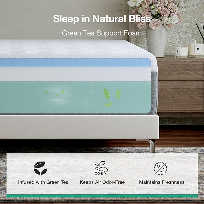 Novilla Bliss Green Tea King Size Mattress, 14 Inch Gel Memory Foam Mattress King in a Box for Cooling Comfort with Nylon Cover, Pressure Relief & Spine Alignment with CertiPUR-US Certified Foams