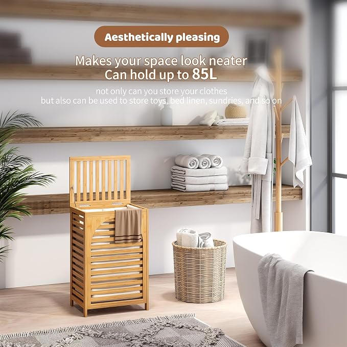 FILWH Laundry Hamper with Lid (16.9 * 13 * 26.5inches) Large Bamboo Laundry Bin Basket 85L Clothes Hamper with 1 Removable Bag Storage baskets for Bathroom(Natural) - Image 3