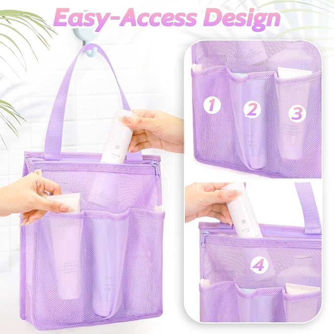 famichan Portable Mesh Shower Caddy, Gym Travel Camp Dorm Room Essentials for College Student Girl, Purple Bathroom Shower Bag - Image 2
