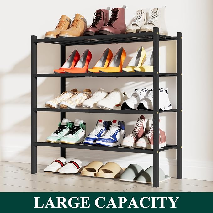 Smiry Shoe Rack, 4 Tier Bamboo Shoe Organizer, Stackable Free Standing Wooden Shoe Storage Shelf for Closet, Entryway, Front Door Entrance, Black - Image 5