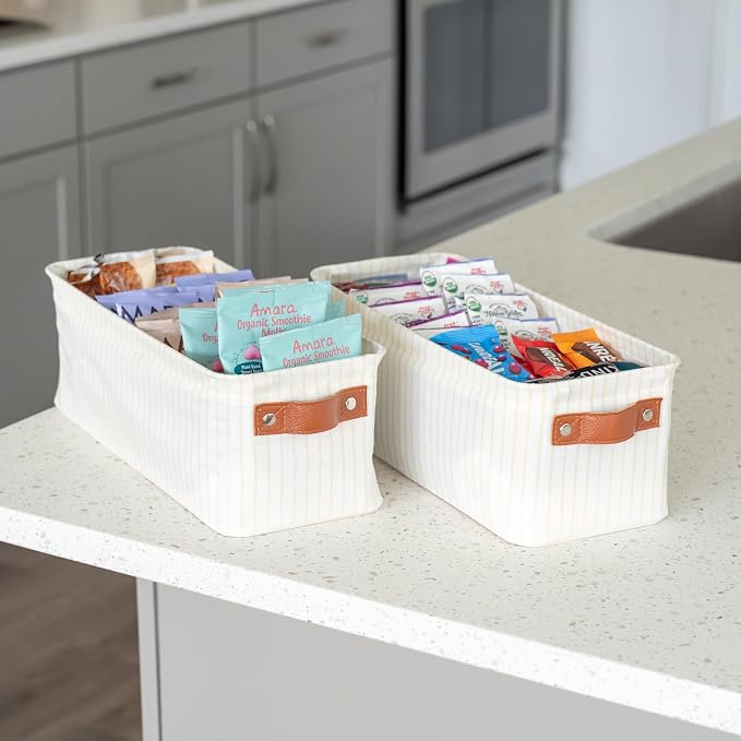 OrganiHaus Narrow Fabric Storage Baskets 2 Pack, Narrow Storage Bins for Shelves, Closet Storage Bins for Pantry Entryway, Cloth Canvas Basket, White/Brown - Image 4