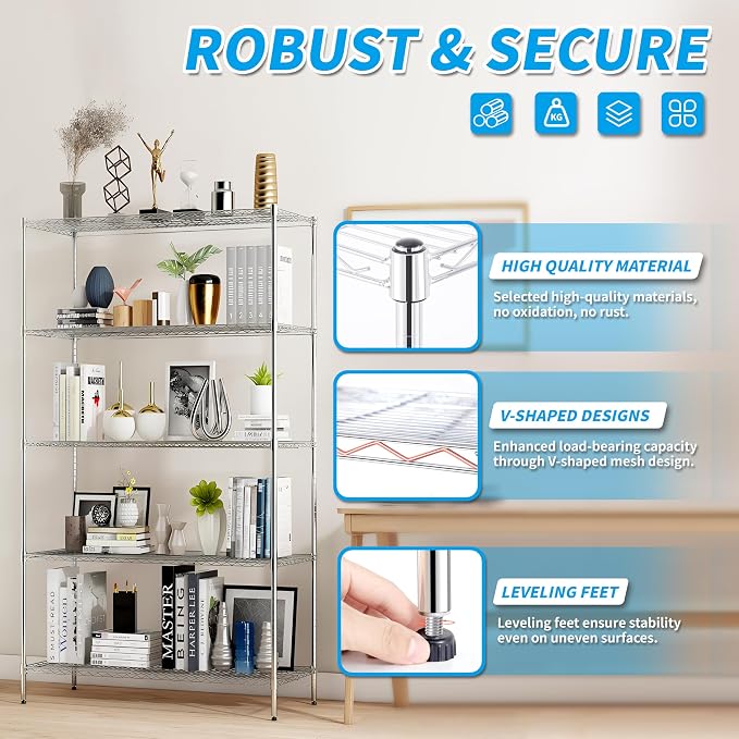Simple Deluxe 5-Tier Storage Shelves, 35.83" W x 13.98" D x 71.7" H Wire Metal Shelving Unit, 1250 Lbs Loading Capacity, Chrome - Image 3