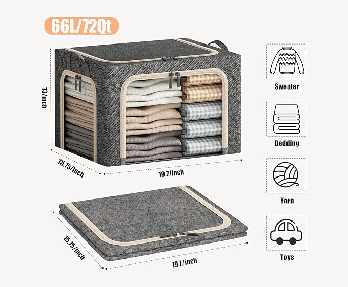 3 Opeings Large Clothes Storage Bins with Metal Frame, Foldable Storage Bin for Clothes, Clothing Storage Bins with Lid, Linen Storage Box With Clear Window＆ Zippers＆ Handles.(3 Pcs,Dark Grey,66L) - Image 6