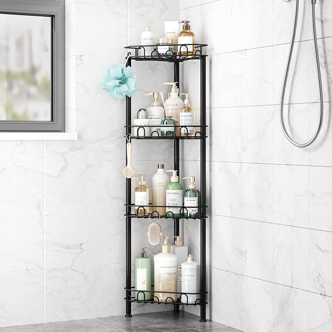SWTYMIKI Standing Shower Caddy Corner - 4‑Tier Stainless Steel Shower Organizer Shelf with 16 Hooks and Adhesive Pads, Rustproof Corner Shelves Stand Rack for Bathroom Shower Room, Black by SwtyMiki-TidyHomeSweetLife