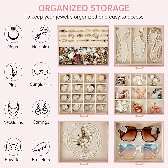 AKOZLIN 6-Tier Jewelry Box Organizer Functional 5 Drawers Leather Jewelry Storage Case for Women Girls Ring Necklace Earring Bracelet Holder Organizer with Mirror Pink - Image 6