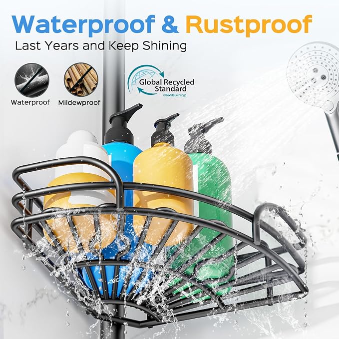 HAMITOR Corner Shower Caddy Tension Pole: 4-Tier Large Capacity Bathroom Organizer Shelf with Towel Bar - Rustproof No-Drill Adjustable 47-123 inch Storage for Renters, Home Bathtub Stand Rack, Black - Image 5