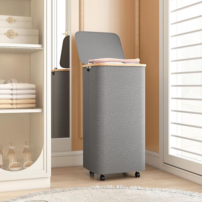 Yecaye 100L Large Capacity Laundry Hamper – Foldable Rolling Laundry Basket, Mobile Clothes Hamper with Wheels, Removable Inner Bag, Bamboo Handle Lid Laundry Bin – Multi-Use Storage,Grey - Image 7
