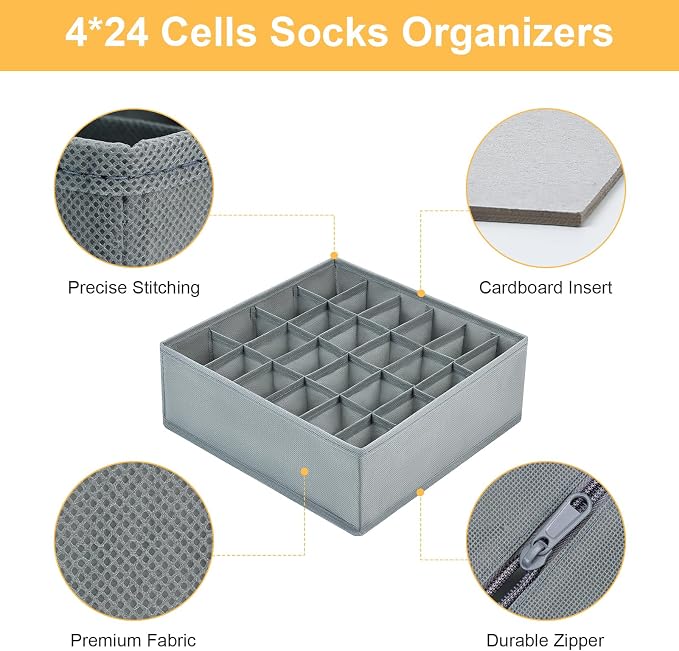 Joyoldelf Sock Drawer Organizer Divider Underwear Organizer 24-cell Fabric Dresser Drawer Organizers Storage Boxes for Socks Lingerie, Handkerchiefs, Ties 4 Pack (Grey) - Image 2