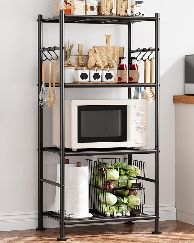 Sakugi Storage Shelves - 4-Tier Large Capacity Shelf Organizer with Hooks, Heavy-Duty Garage Shelving with Leveling Feet, Wobble-Free Rack for Bedroom, Balcony, Garage, 18.1"×12.4"×43.7", Black - Image 2