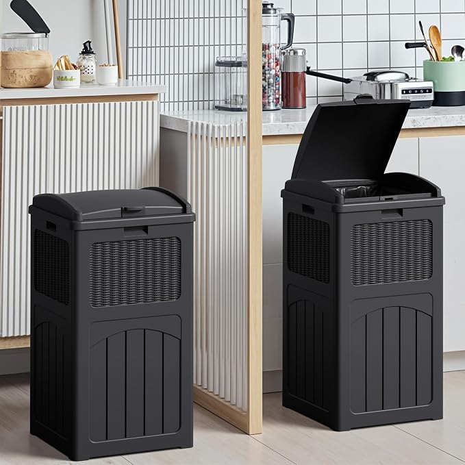 Devoko 33 Gallon Outdoor Trash Can with Dual Lid, Heavy Duty Waterproof Resin Garbage Bins Outside, Hideaway Waste Bins for Patio, Outside Pool, Backyard and Deck (2, Black) - Image 4