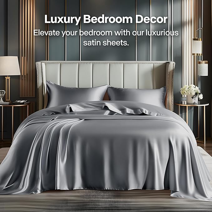 BEDELITE Satin Sheets Queen Size Bed Set, Luxury Soft Dark Grey Silky Sheets for Hair and Skin, Similar to Silk Bed Sheets Set 4 Pieces with 1 Deep Pocket Fitted Sheet, 1 Flat Sheet, and 2 Pillowcases