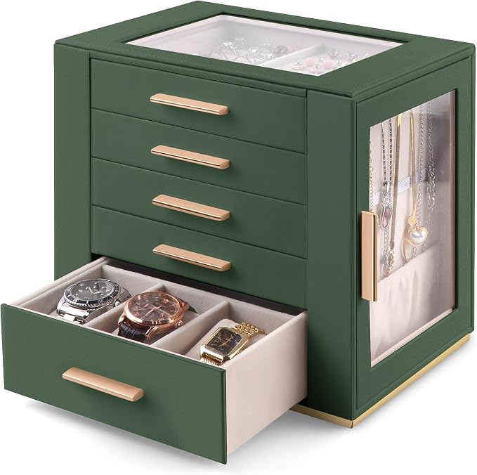 Homeanda Jewelry Box for Women with Glass Lid, 5 Drawers Jewelry Organizer and Storage for Necklaces, Rings, Earrings, Bracelets, Gift for Girls and Teens,PU Leather (Green) by Homeanda