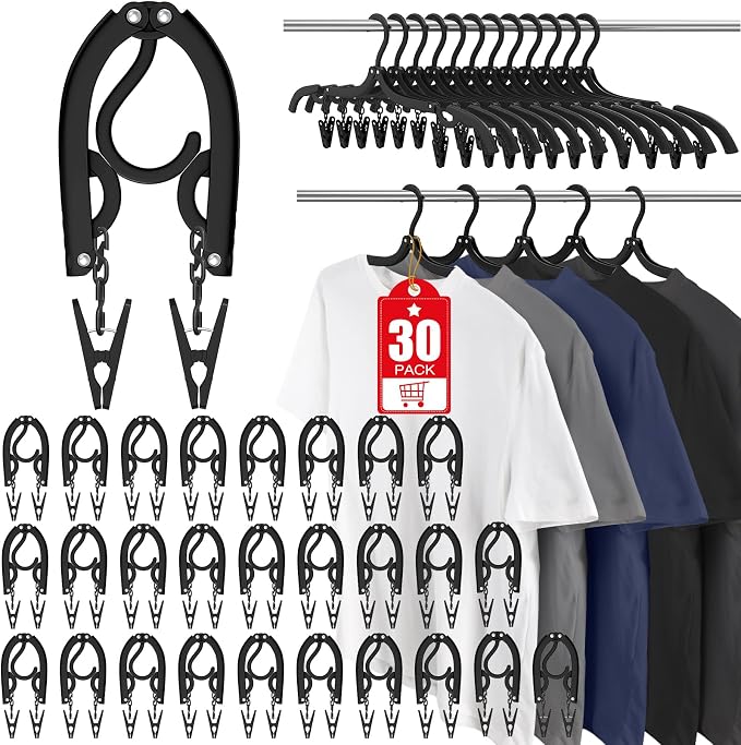 30 Pcs Travel Hangers Portable Foldable Travel Hanger Organizer, Plastic Cruise Essentials Clothes Drying Rack Folding Hangers for Camping Flying RV Europe Vacation Essentials Suitcase, Pitch Black by Besslly