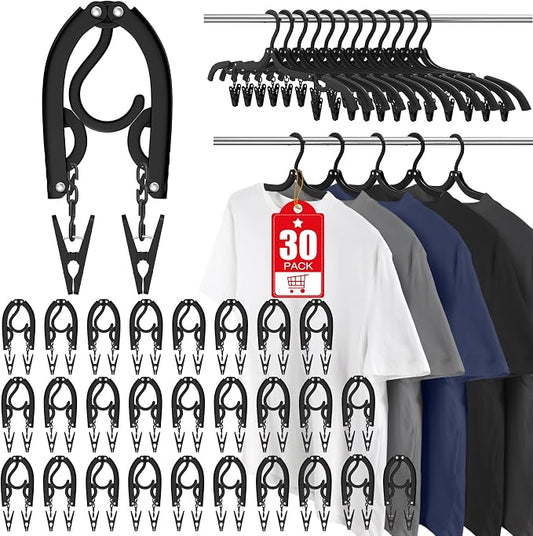 30 Pcs Travel Hangers Portable Foldable Travel Hanger Organizer, Plastic Cruise Essentials Clothes Drying Rack Folding Hangers for Camping Flying RV Europe Vacation Essentials Suitcase, Pitch Black by Besslly