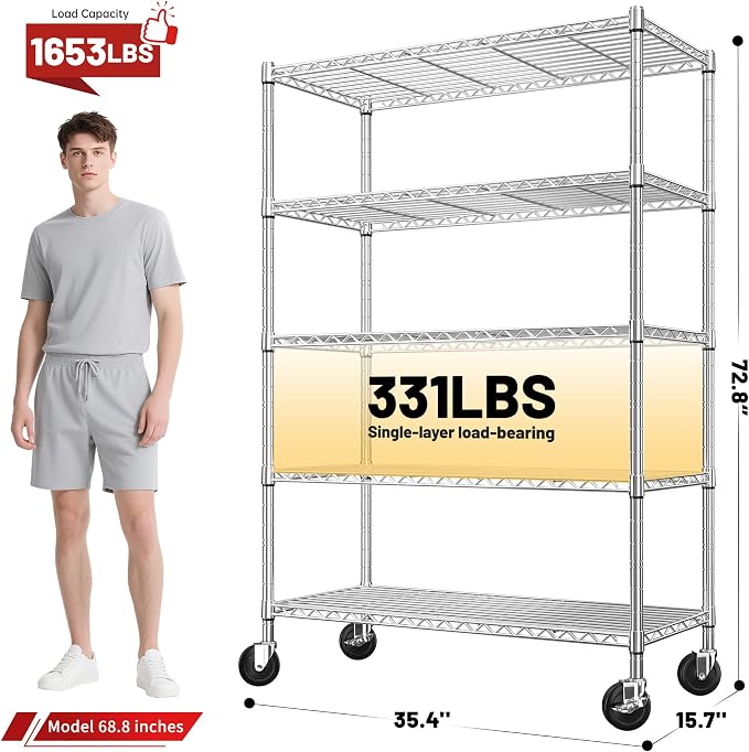 REIBII 73''H Storage Shelves 1660LBS Wire Shelving Unit with Wheels 5 Tier Metal Shelving,Heavy Duty Metal Shelves for Storage Rack,Commercial Industrial for Garage Kitchen 73''HX35''WX15''D,Chrome - Image 3