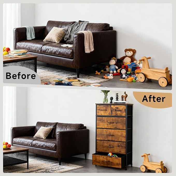 Mifuro Tall Dresser for Bedroom, Vertical Storage Organizer Tower with 6 Drawers, Chest of Drawers with Fabric Bins, Steel Frame, Wood Top for Bedroom, Closet, Entryway- Rustic Brown - Image 6
